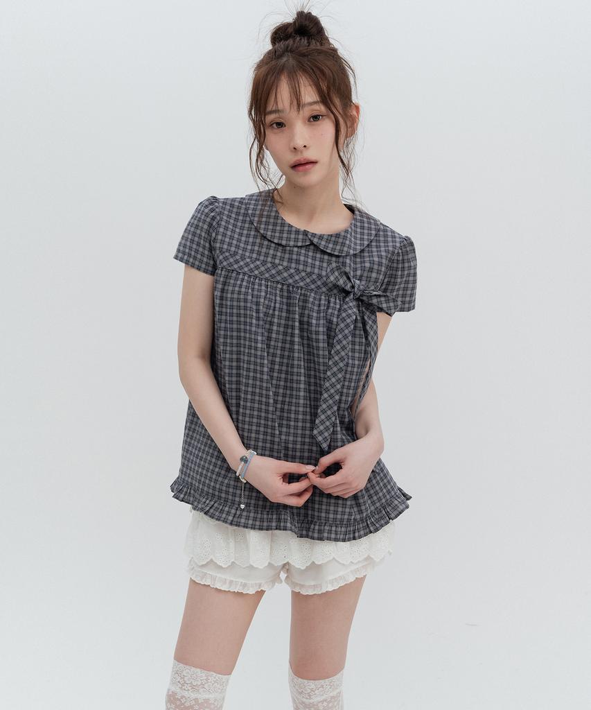 HIGH SCHOOL DISCO Check Ribbon Round Collar Blouse