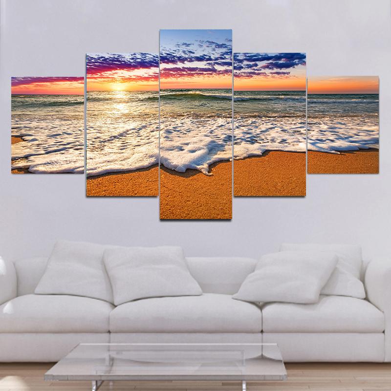 5 Pieces Natural Blue Beach Sunset Landscape Canvas Painting Seascape Posters And Prints Wall Art Pictures Home Decor No Frame
