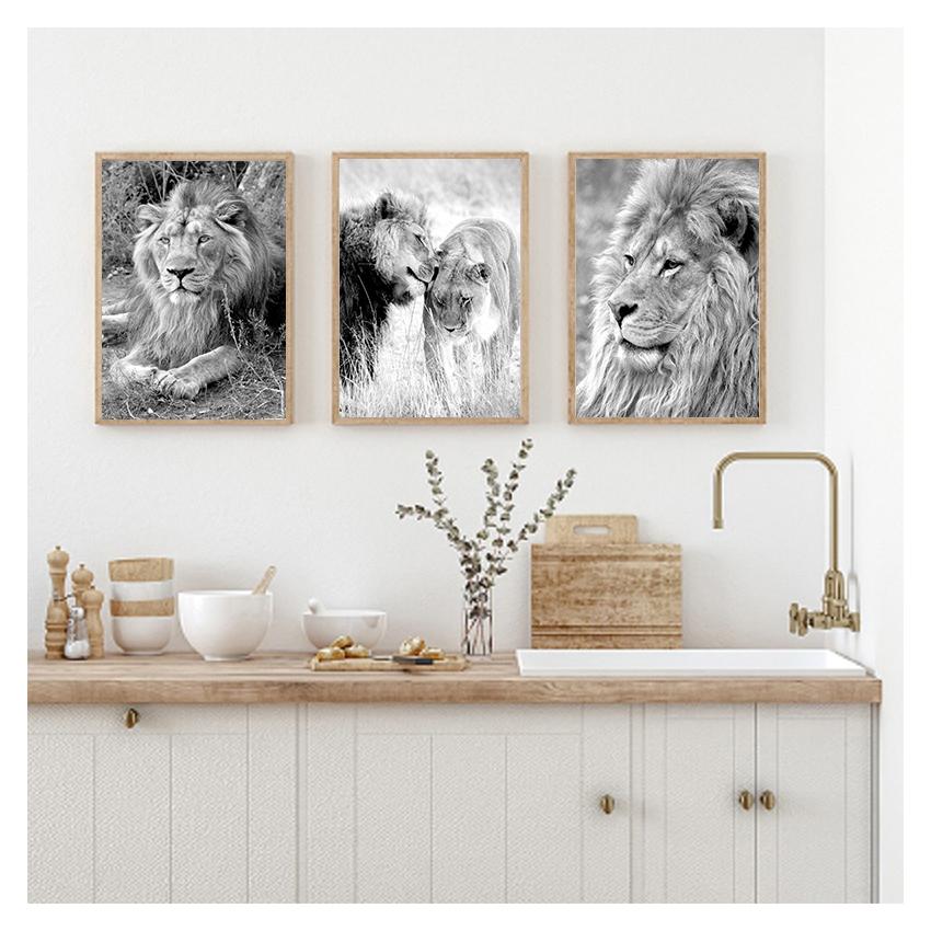 Malba Černá Bílá Plakáty a tisk Nordic Wall Art Obraz Moderní Obývací pokoj Dekorace Divoké zvíře Lev Leopard Plátno
