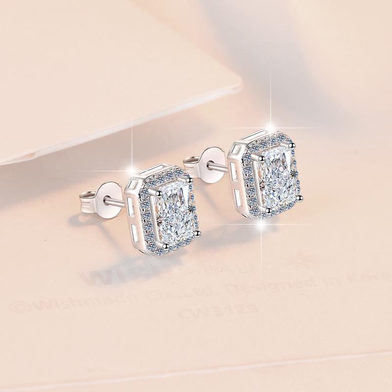 Emerald & Radiant Cut Handbag-Shaped 925 Sterling Silver Stud Earrings, Pt950 Plated, Fashion Ear Jewelry for Women. 925 Sterling Silver