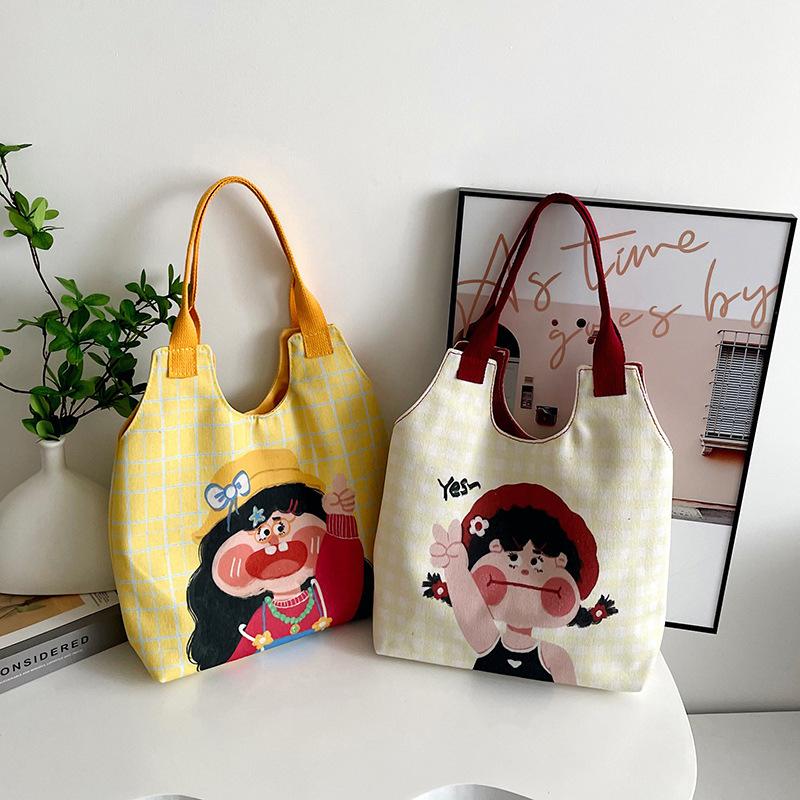 2025 Cartoon Illustration Canvas Bag Female Office Worker Large Capacity Funny Graffiti Handheld Shoulder Bag