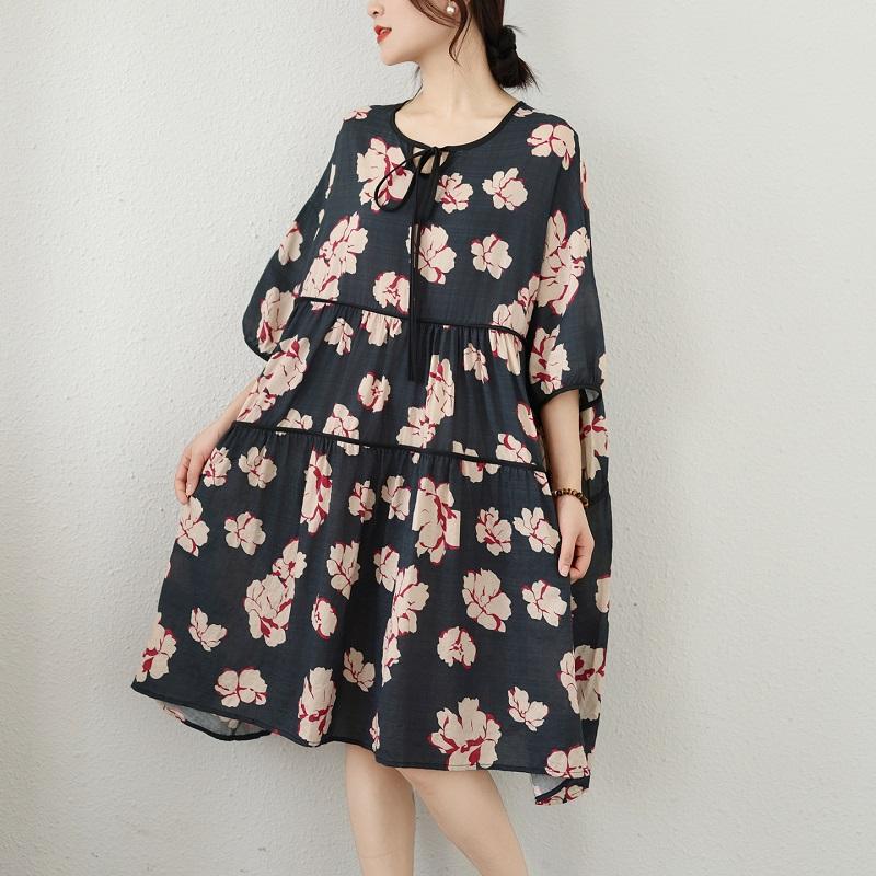Kurzarm Übergröße Baumwoll-Leinen Vintage floral Neu im Sortiment Kleider für Damen Freizeit locker Midi Sommerkleid