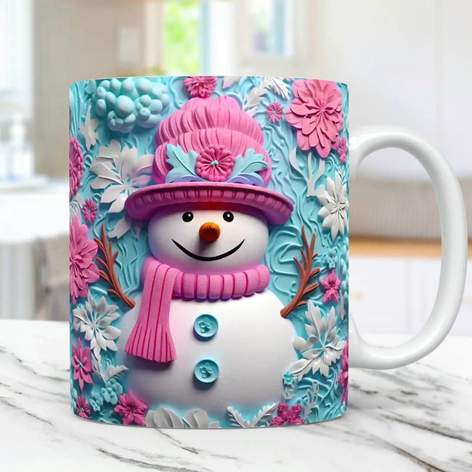 3D Christmas Ceramic Coffee Mug Tea Cup Snowman Flower Snowflake