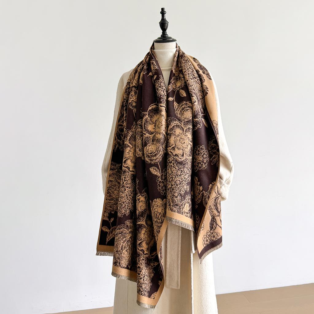 Elegant Floral Jacquard Pashmina Shawl for Women Winter Thick Warm Double Sided Tassel Design Coldproof Windproof Blanket Scarf