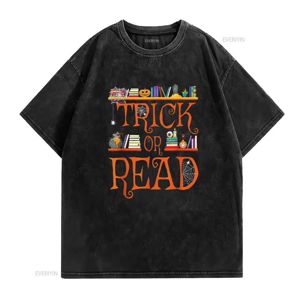 Halloween Book Lovers Librarian Trick or Read Library Event T Shirt vintage Washed Top For Everyday Wear Stretched graphic