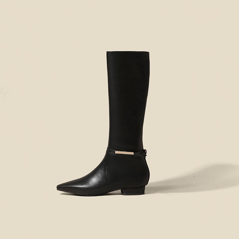 Neue Britische Schlupfstiefel Damen Spitzzehe Niedrige Blockabsätze Kniehohe Stiefel Spaltleder Lässige Herbst Winterschuhe