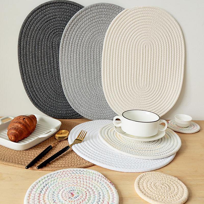 Natural Table Mat Insulation Pad Soft Heat Insulation Japanese Style Non-Slip Cotton Simple Oval Woven Mat Kitchen Supplies