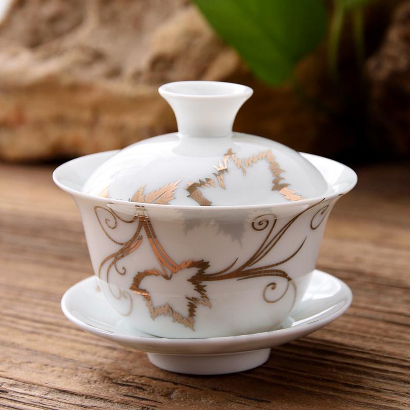 3.4-Inch Blue & White Ceramic Gaiwan Tea Set - 3-Piece, 100ml Capacity