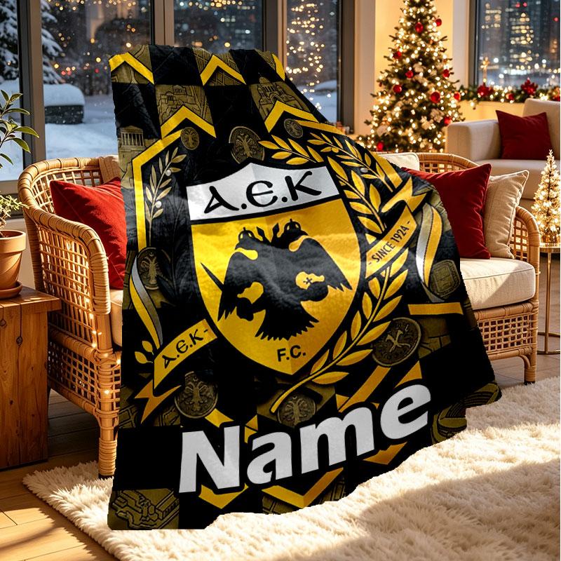 Custom Name Personalized AEK Athens FC Print Blanket, Home Decor, Bedroom, Sofa, Camping, Couch, Gifts for Birthday Christmas