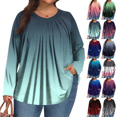 Moda de Talla Grande para Mujer Top Casual Estampado con Pliegues Cuello Redondo Manga Larga