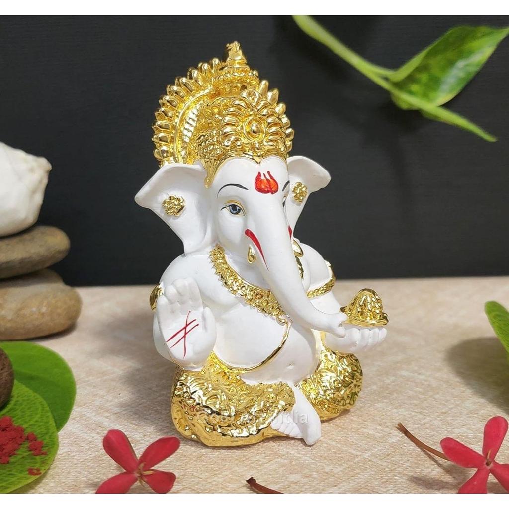 Ganesh Idol for Car Dashboard God Ganesha Idol for Home Decor Ganpati for Gift Home Office Table Shelves Diwali Gifting 3.5 Inches Gold White Mukut