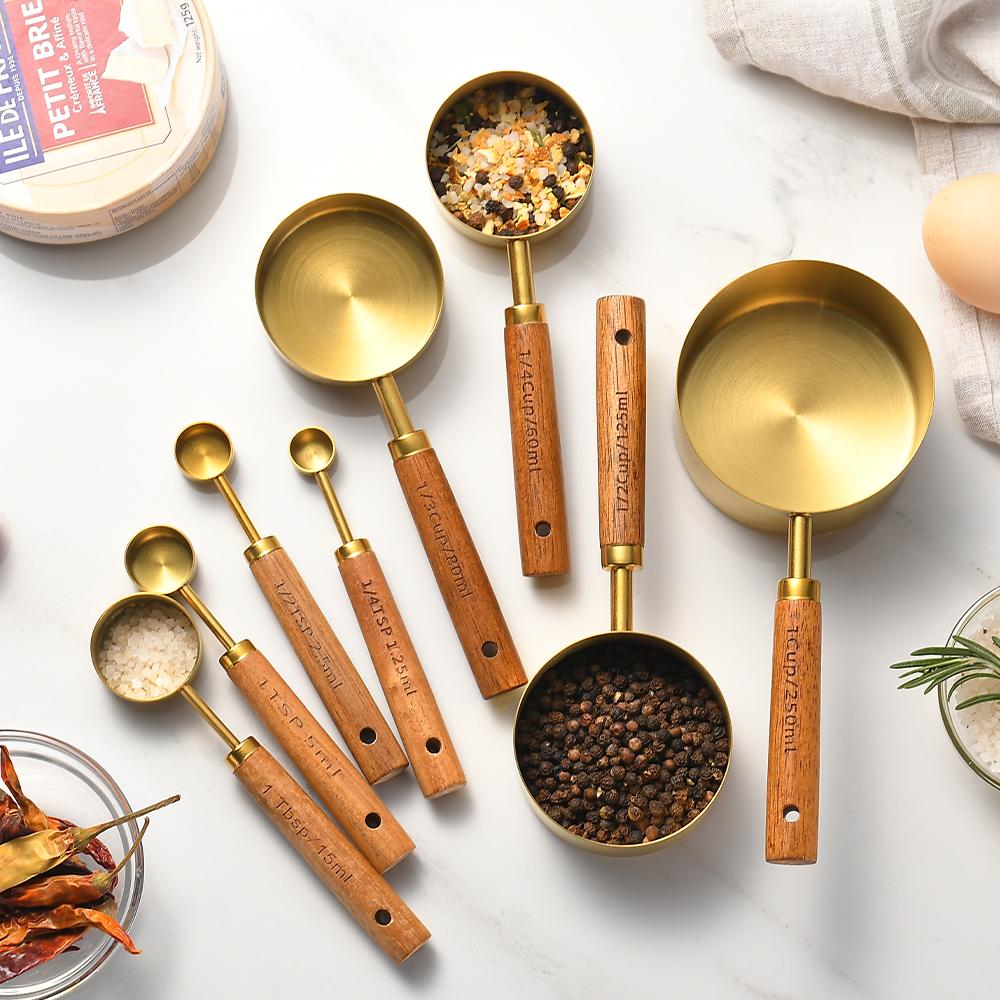 1/4 Pezzi Manico in Legno Acciaio Inossidabile Misurini Cucchiai Strumenti per la Cottura Set Cucchiaio Misurino per Caffè Accessori Scala da Barman