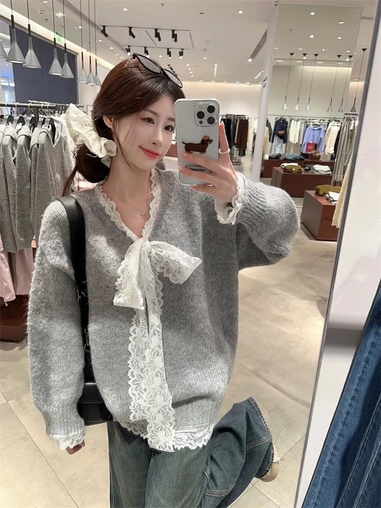 Korean Lace Bow V-Neck Long Sleeve Sweater - Autumn/Winter Design