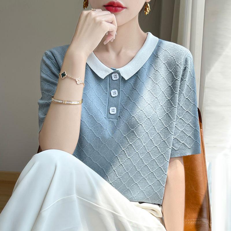 Summer New Women's Knit Ice Silk T-shirt POLO Collar Short Sleeved Contrasting Color Versatile Top for Women