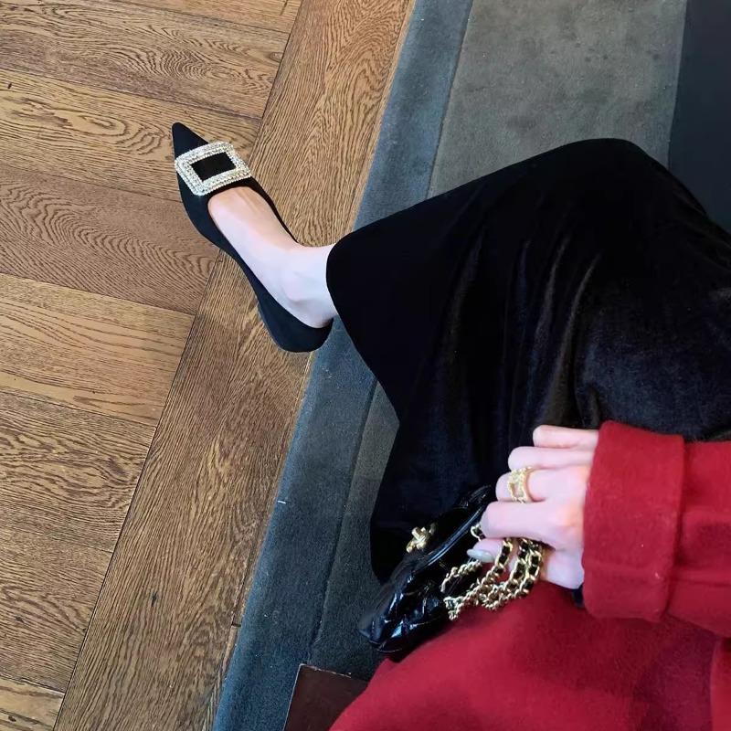 Sheepskin version~ Sparkling rhinestone square buckle pointed head versatile leather shallow mouth flat sole shoes women's ladyshoes