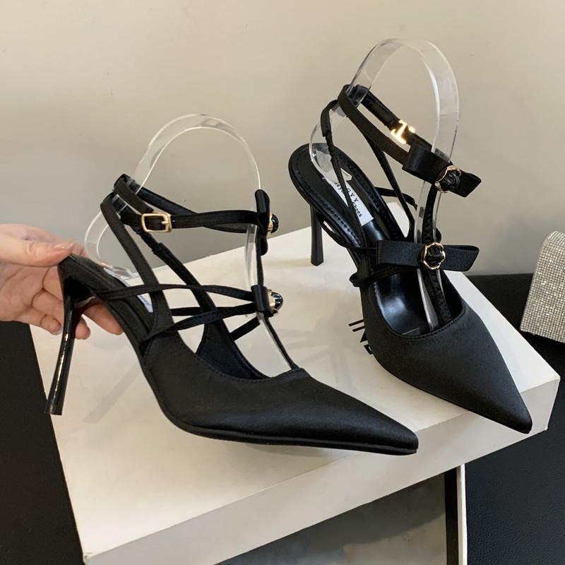 

Fashion Star style Elegant Pointed Toe Satin Bowknot Mary Janes Women Pumps Summer Fashion Slingbacks Stiletto High heels Prom Shoes 35
