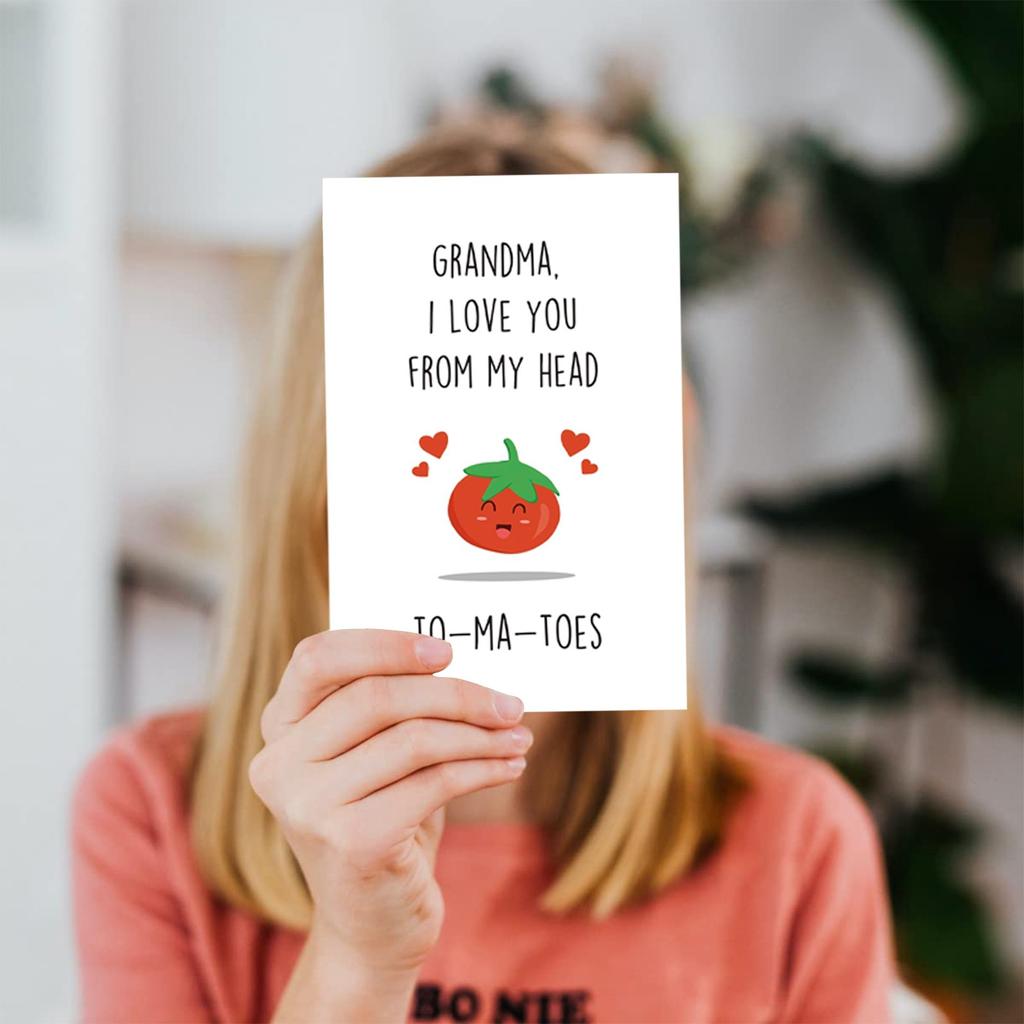 Vtipné narozeninové přání pro babičku, přání ke Dni matek s rajčatovou hříčkou, dárek ke Dni matek od vnoučete, přání s láskou pro babičku