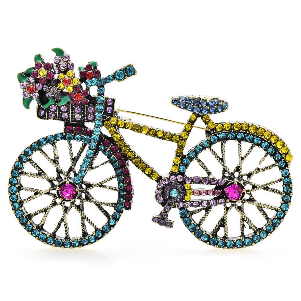 Wuli&baby Full Rhinestone Flower Basket Bike Brooch Pin For Women