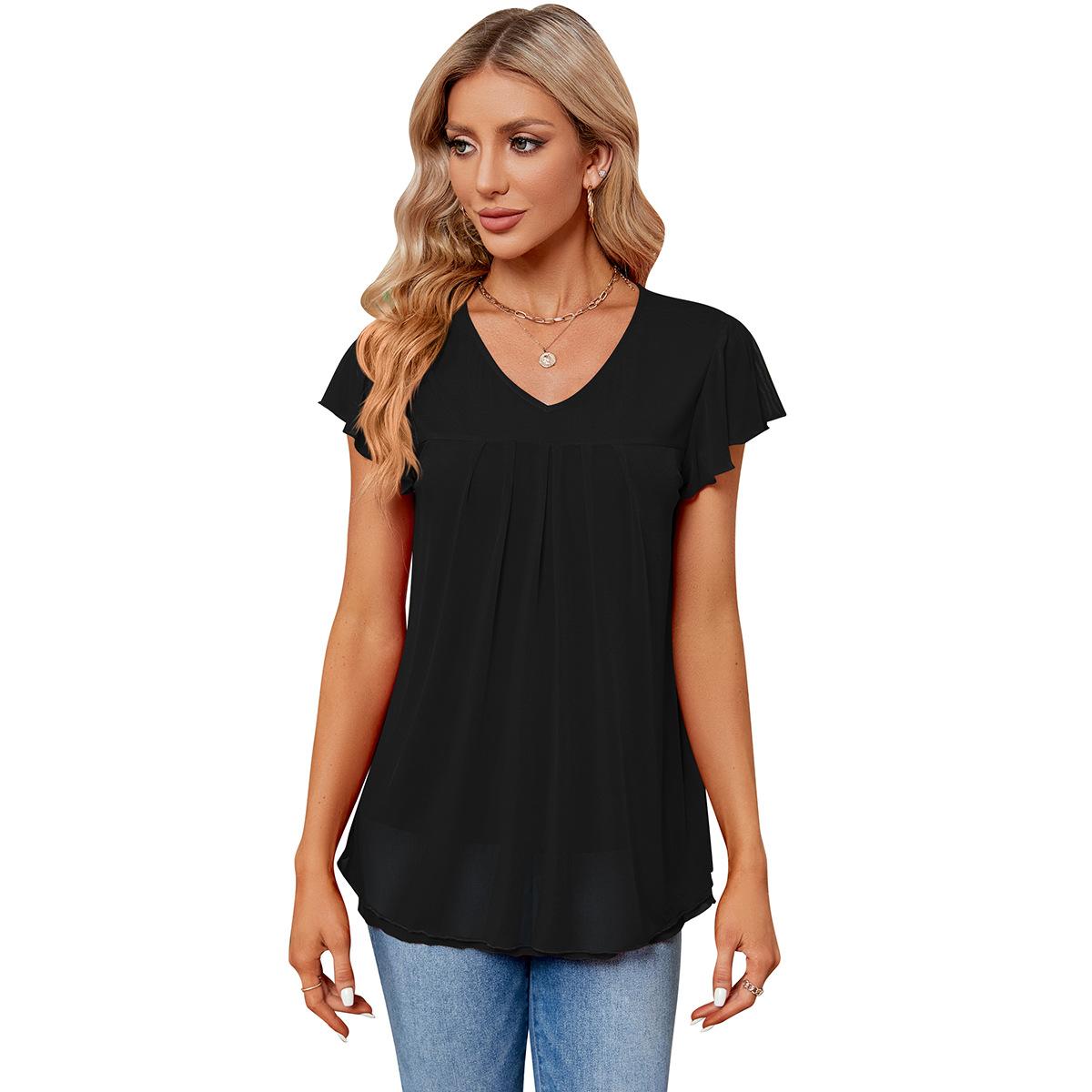 

Летняя женская футболка, свободная плиссированная футболка с v-образным вырезом, мягкая двухслойная сетчатая футболка 2XL чёрный