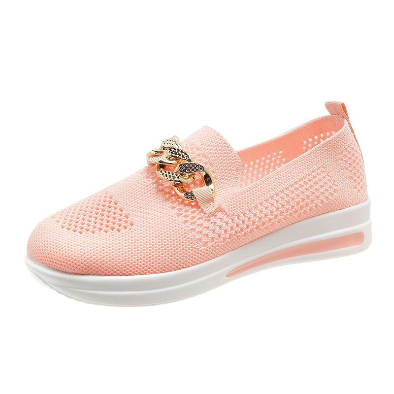 European and American New Large-size Foreign Trade Women's Shoes Fly-woven Breathable Hollow Upper Metal Chain Slope Heel Casual Single Shoes 43