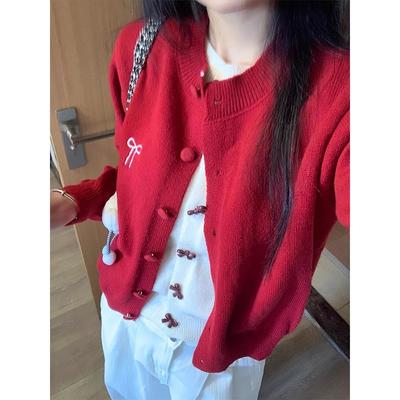 Weihnachtsrotes Outfit Fake zweiteilig Schleife Langärmeliges Unterzieh-Strickjacke für Damen im Herbst und Winter mit Rundhalsausschnitt Slim-Fit Oberteil