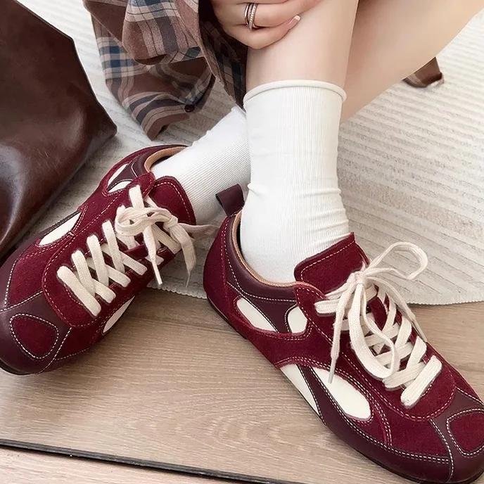 Fashion Women's Sneakers Thin-soled Designer Shoes New Wine Red Retro Cow Leather Splicing Design Walking Shoes Skeleton Correction 40