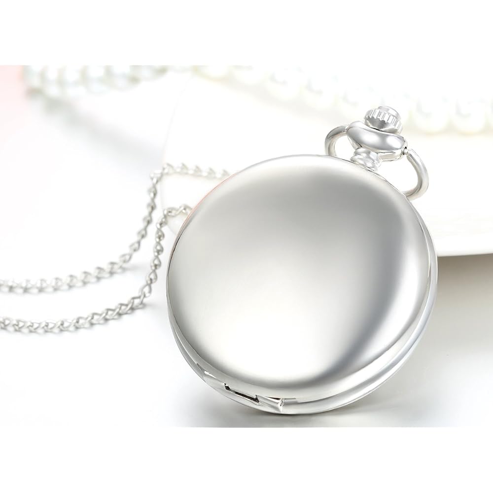 שרשרת שעון כיס בסגנון עתיק JewelryWe, שעון תליון, סגנון מלא צייד עם מראה מלא, כסף פשוט, סגסוגת, מתנה ליום האהבה