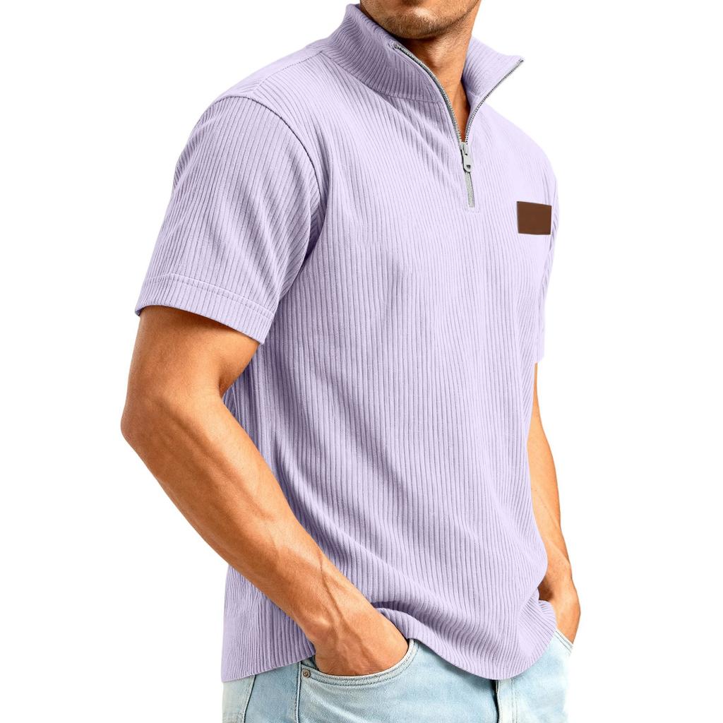Men's 1/4 Zip Corduroy Short Sleeve Top | Loose Fit Fashion Casual Pullover For Daily Wear