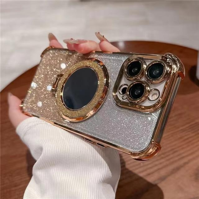 For iPhone 18 17 16 15 14 Pro Max Series Bling Glitter Mirror Kickstand Full Lens Protect Phone Case