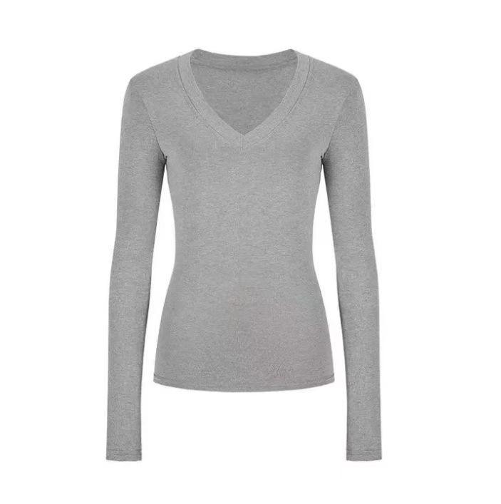 Women's Slim Fit V-Neck Long-Sleeve Solid T-Shirt, Autumn/Winter Korean Trendy Inner Wear.
