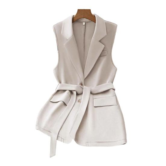 Women's Sleeveless Blazer Vest Button Lapel Collar Work Jacket Fall Casual Long Dressy Coat with Belt
