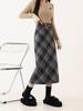 Women's Plus Size High Waist Wool Plaid Midi Skirt with Slimming Slit, Perfect for Spring & Autumn.