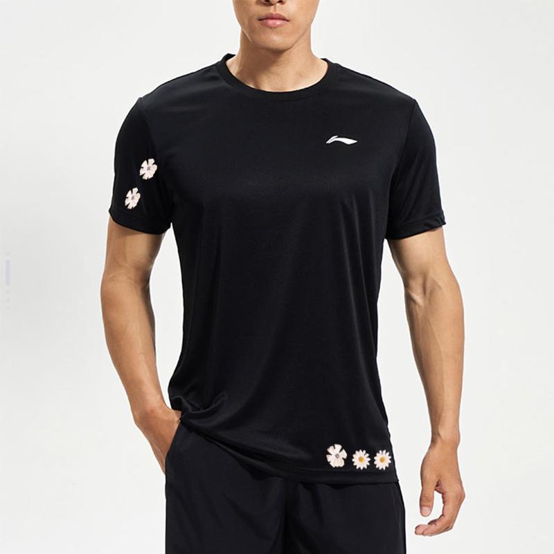 Li Ning Customizable Training Series Floral Print Logo Quick-Dry Ice Silk Sports Short Sleeve T-Shirt Unisex Tops Black ATSS463-1(TEAM702-3.4.9)