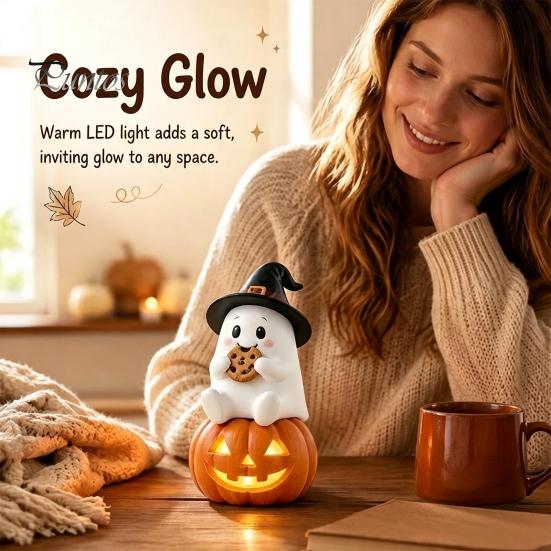 Resin Lighted Ghost Statue Halloween Figurine, Spooky Witch on Pumpkin/Holding Lantern Home Office Table Ornament with LED Light for Desktop Bookshelf