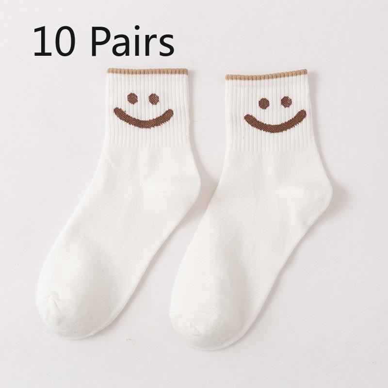 10 Pairs of Ladies Casual Cartoon Cute Smiling Face Cotton Mid Tube Socks
