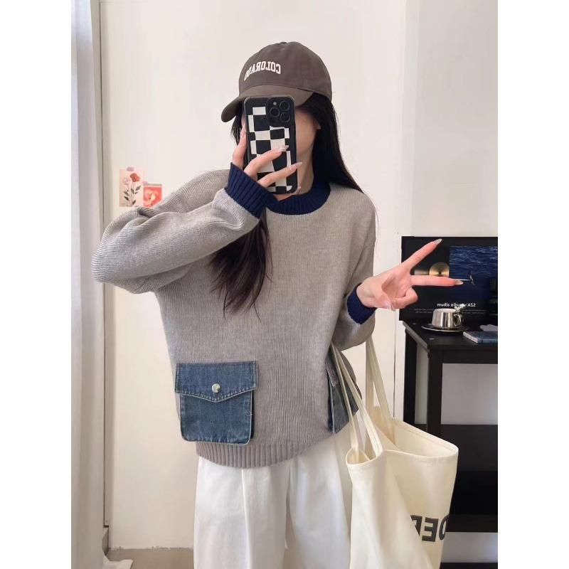 Autumn new contrasting color design sense splicing denim pocket knitted sweater top loose versatile sweater pullover women