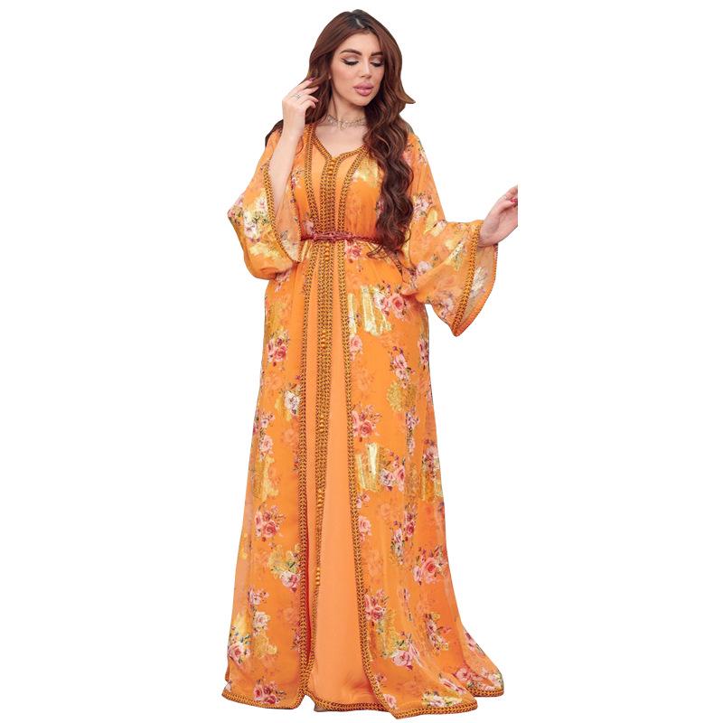 AB238 Women's Middle Eastern Two-Piece Chiffon Dress with Gold Stamping