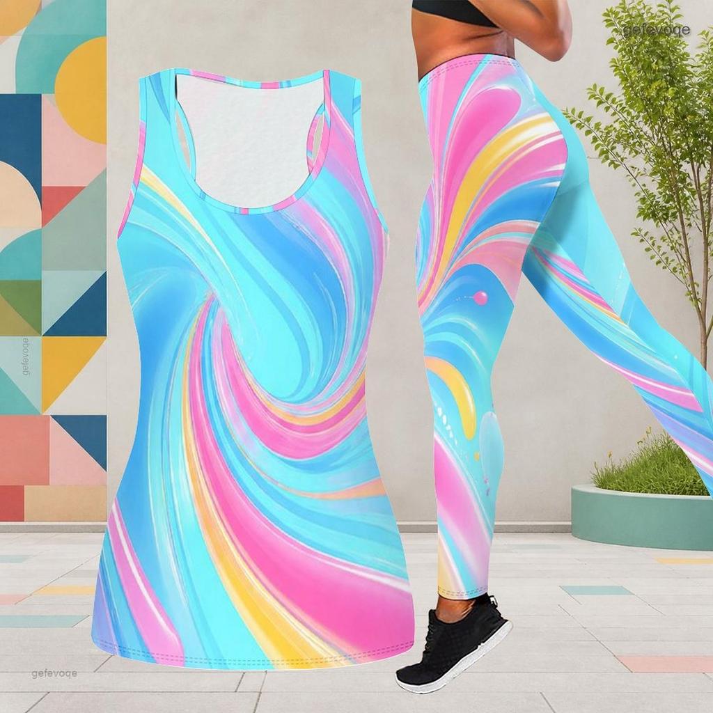 Women Plus Size Two Piece Set Scoop Neck Sleeveless Longline Tank Top Fitted Colorful Printed Pants