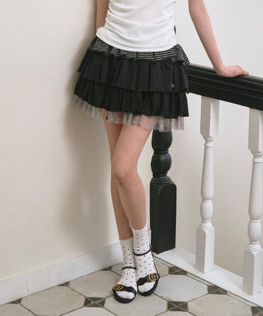The Green Lab Star Chiffon St Tiered Mini Skirt [Black]