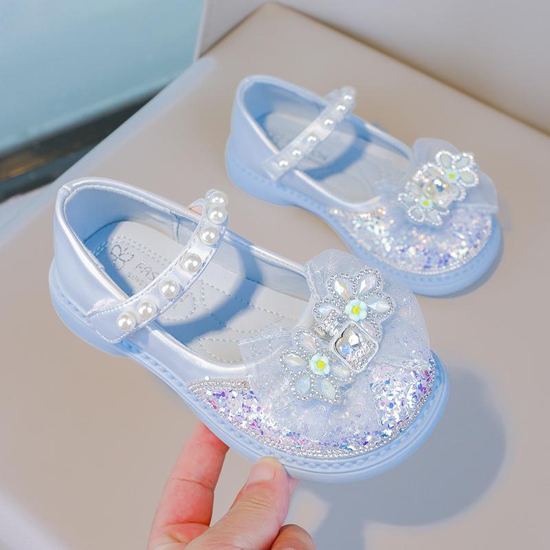 

Spring and Autumn Fashion Princess Pearl Elegant Casual Shoes Hot Selling Lightweight Children s Comfortable Bow Soft Flat Shoes 26Insole15.8cm синий