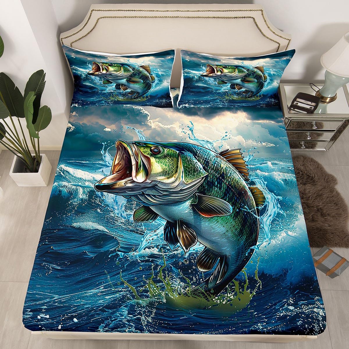 

Comforter Bass Fish Bedding Set Twin Size Boys Hunting Fishing Comforter Retro Big Pike Fish Rustic Comforter (quilt)-EU Single(135*200cm)3pcs