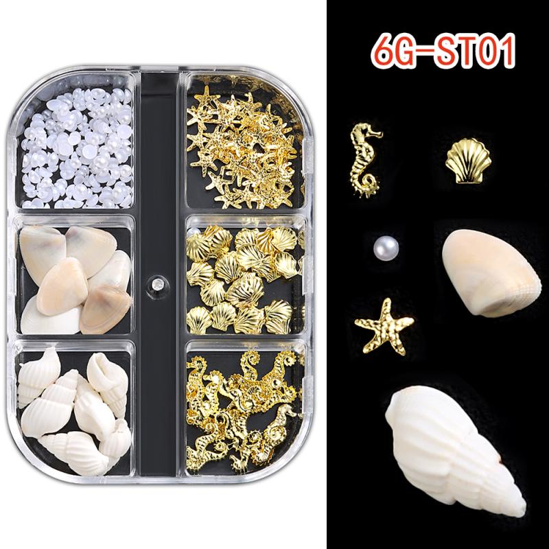 1 Box Metal Summer Ocean Nail Art Charms 3D Shell Starfish Seahorse Pearl Beads Alloy Nail Jewelry Mixed Manicure Studs Decor