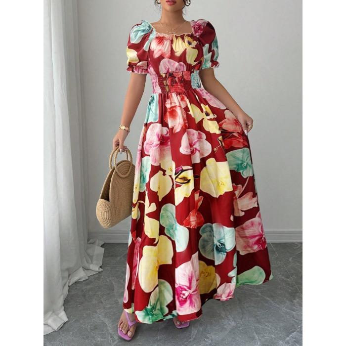 Im Sommer Europa und die Vereinigten Staaten neue Puffärmel hohe Taille Taille Druck Damenbekleidung großer Saum Trägerkleid