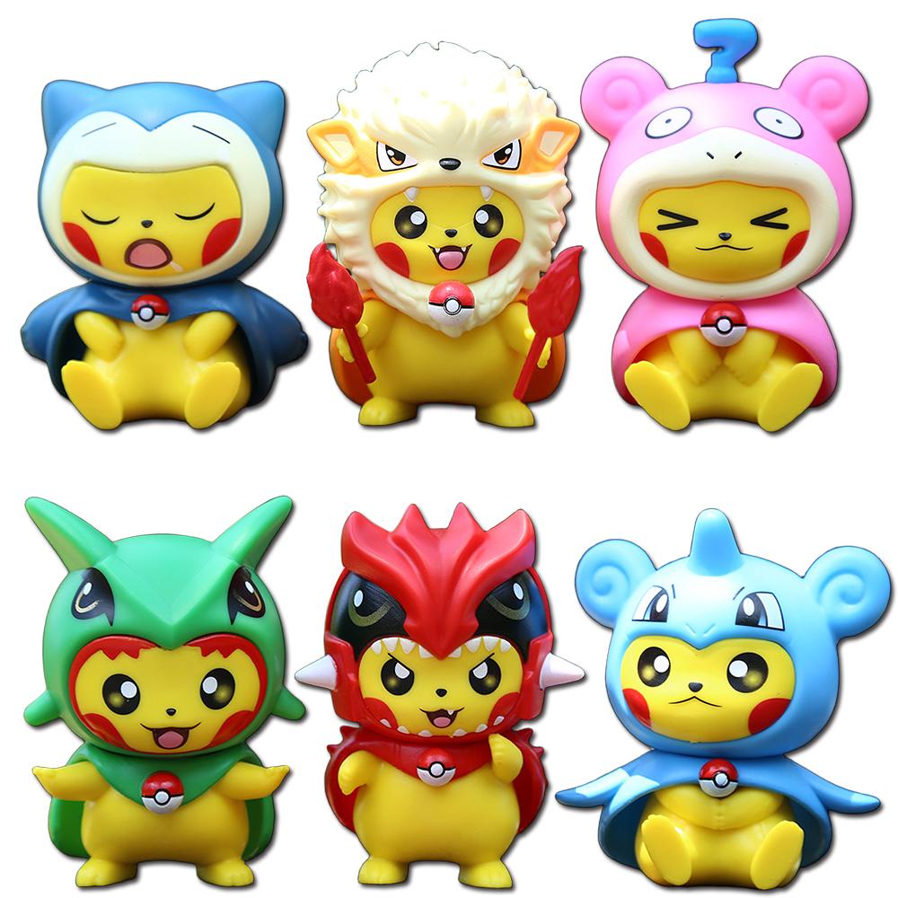 6Pcs/1Set Pocket Monsters Anime Figure Kawaii Pikachu In Disguise Action Figures PVC Desktop Decorations Model Dolls Toy Gifts