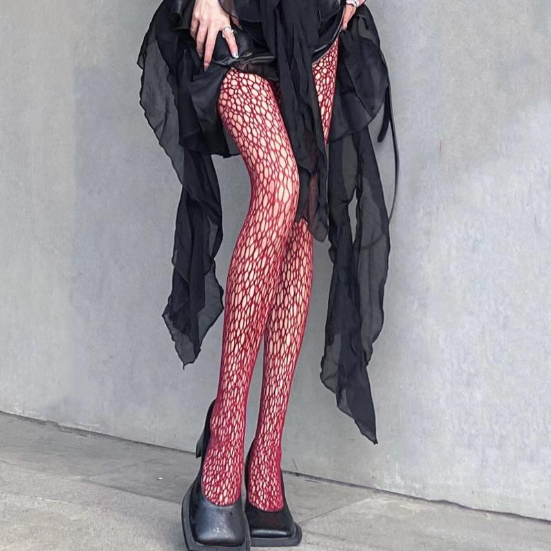 

Lolita Girls Hollow Out Fishnet Pantyhose Japanese Style Uniform Gothic Red White Mesh Tights Women Sexy Lace Stockings One Size вина червоного кольору