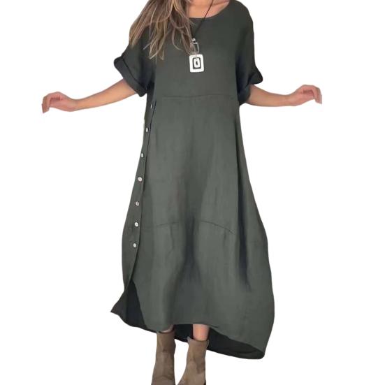 

Летние женские свободные шею с боковой застежкой на пуговицы подол в богемном стиле трапециевидной формы с короткими рукавами сплошной цвет M зелёный