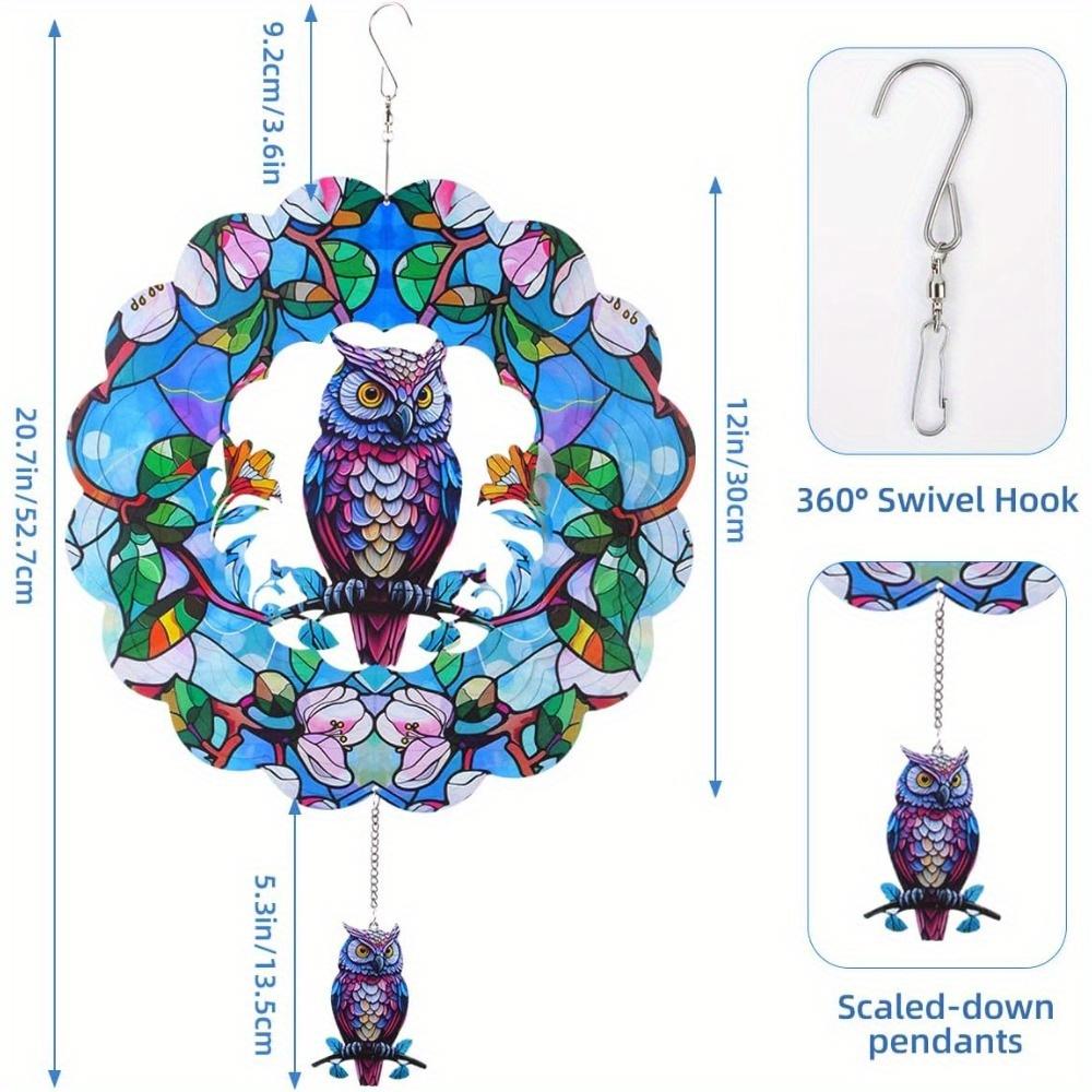 Wind Spinners Outdoor, Owl Metal 3D Hanging Garden Decor, 12-inch Stainless Steel Wind Spinner with Tail Spinner