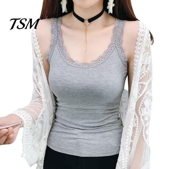 Lace Trimmed Tank Top Women Summer Thin Vest U-Neck Sleeveless Slim Fit Style Tops Solid Color Camisole Streetwear Detail XL