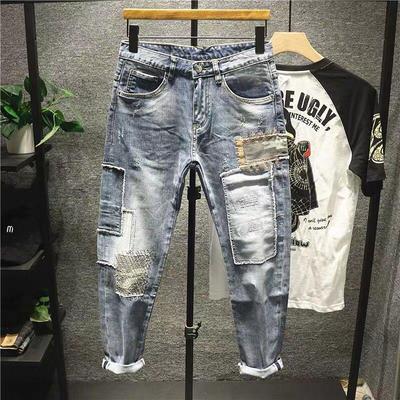 Men's Korean-Style Patchwork Skinny Jeans - Trendy Nine-Point Casual Pants for Spring and Autumn