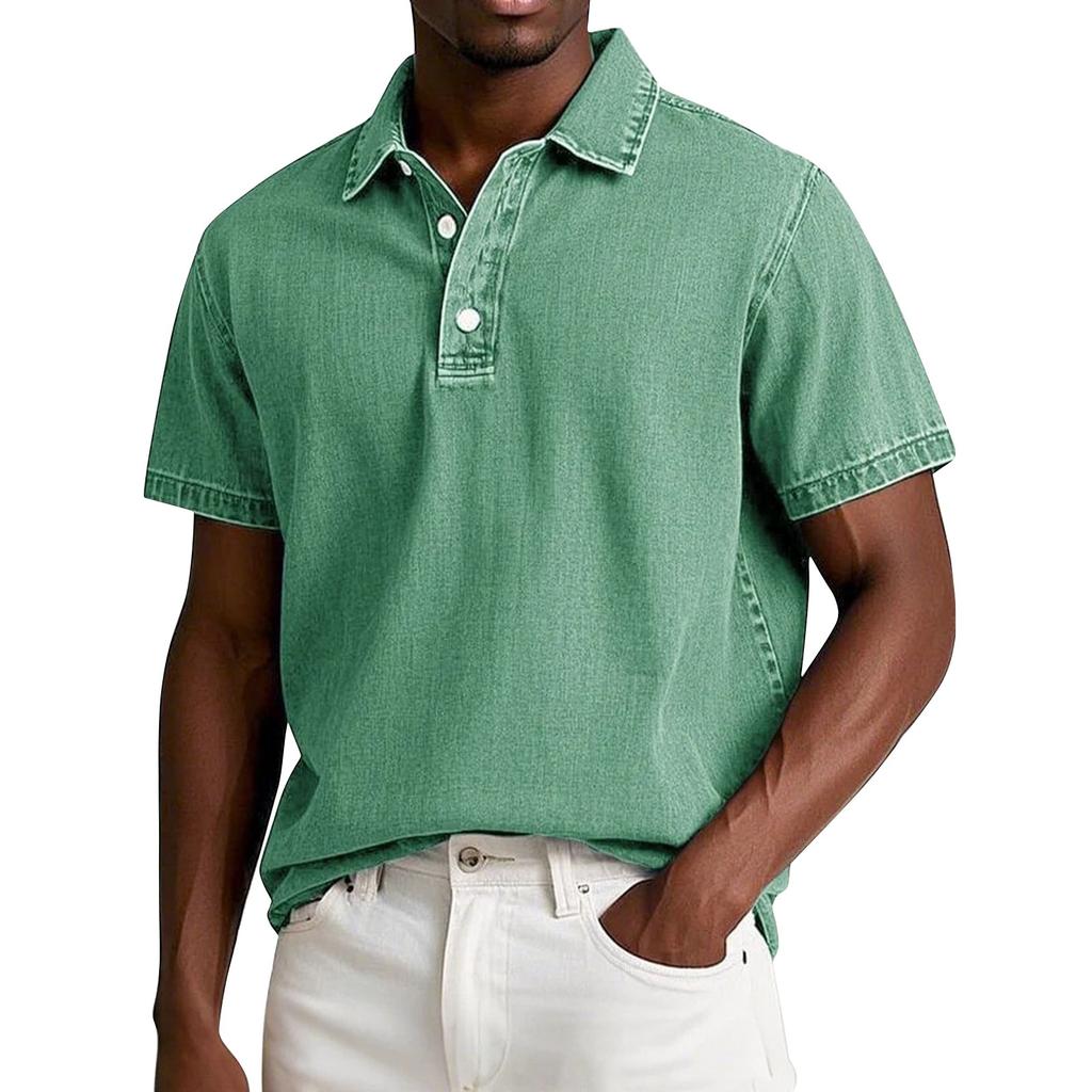 Men's Summer Solid Color Vintage Button Lapel Short Sleeve Shirt Tops